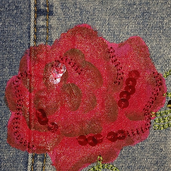 NWOT Diane Gilman Blue Denim Jacket with Red Floral Roses Embroidery Med Sequins - Picture 7 of 13
